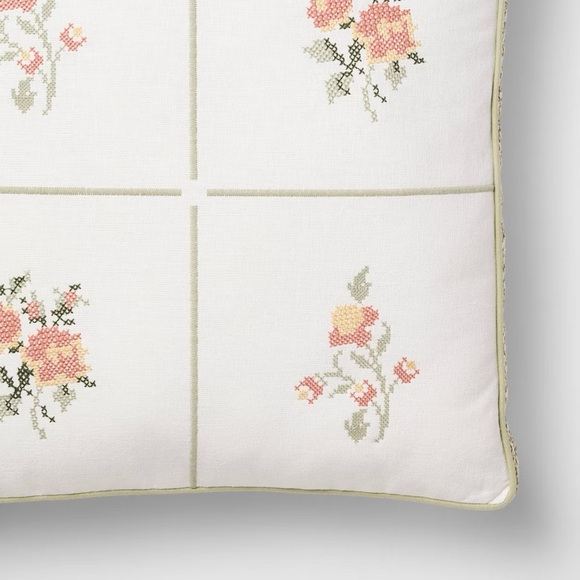 2!!!! STUDIO MCGEE NWT square cross stitch floral pillows -pink/green -18”